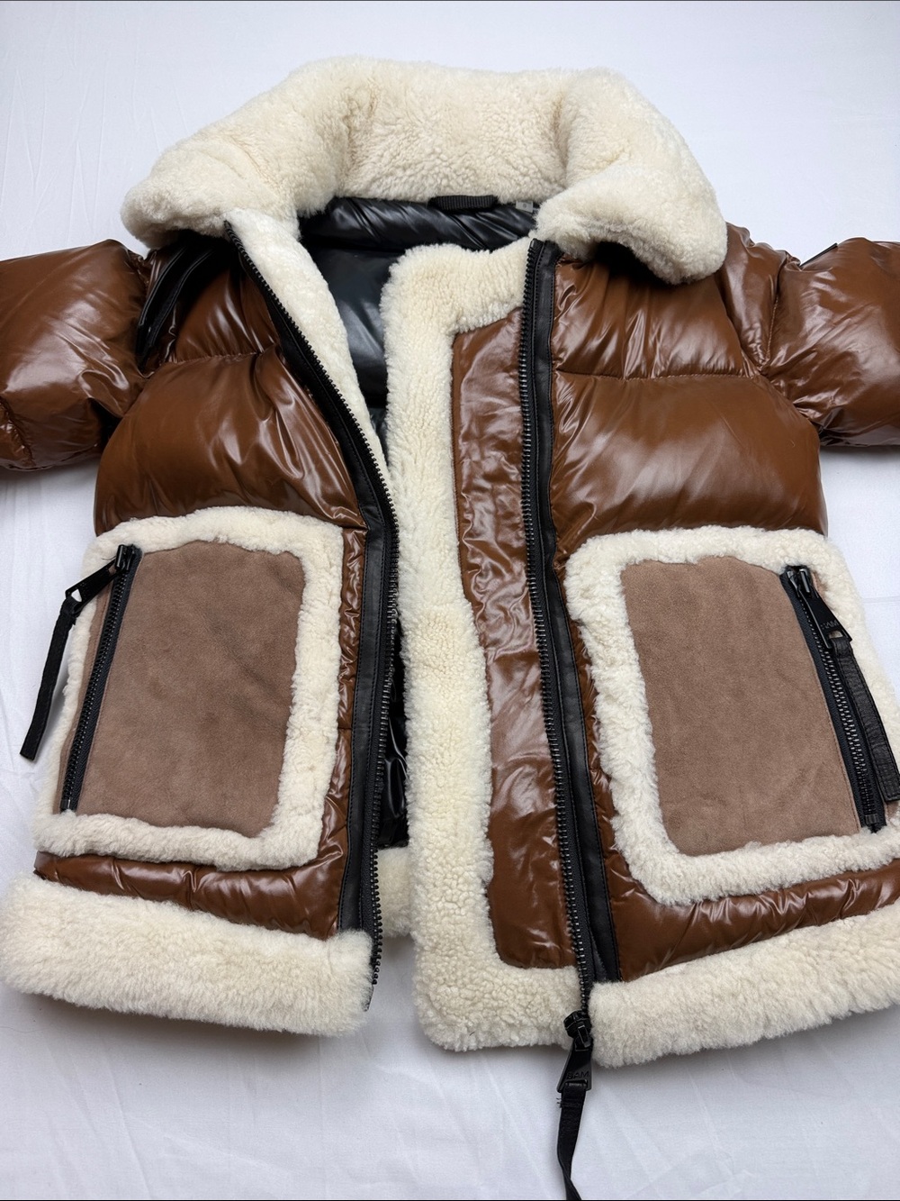 SAM. New York Veronica Shearling-Trimmed Down Biker Puffer Jacket in Cognac - Picture 6 of 16